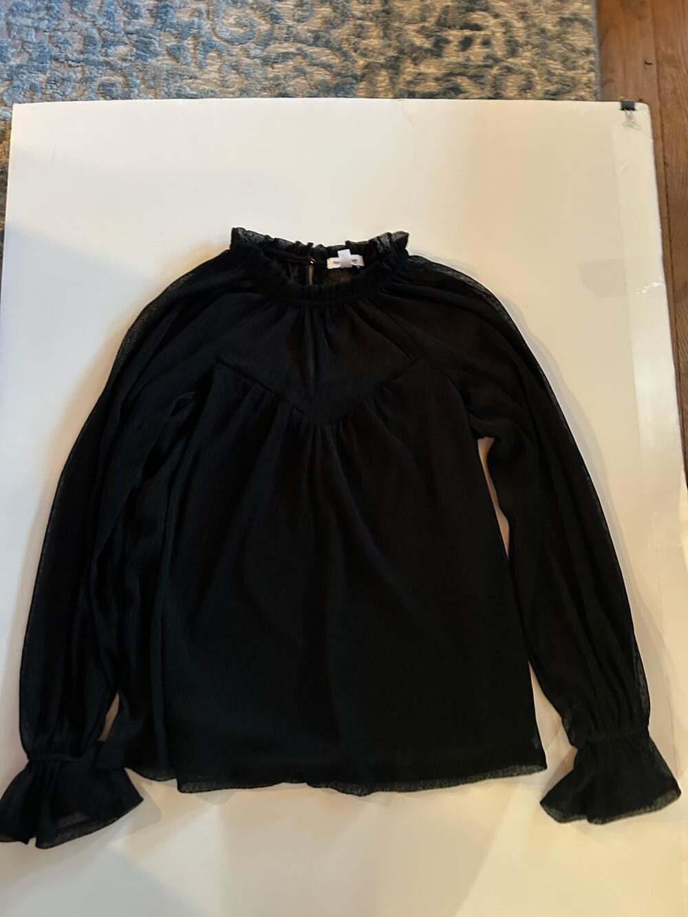 Black Puffy Sleeves Granny Collar Juniors' Long Sleeve Mock Dobby Woven Top